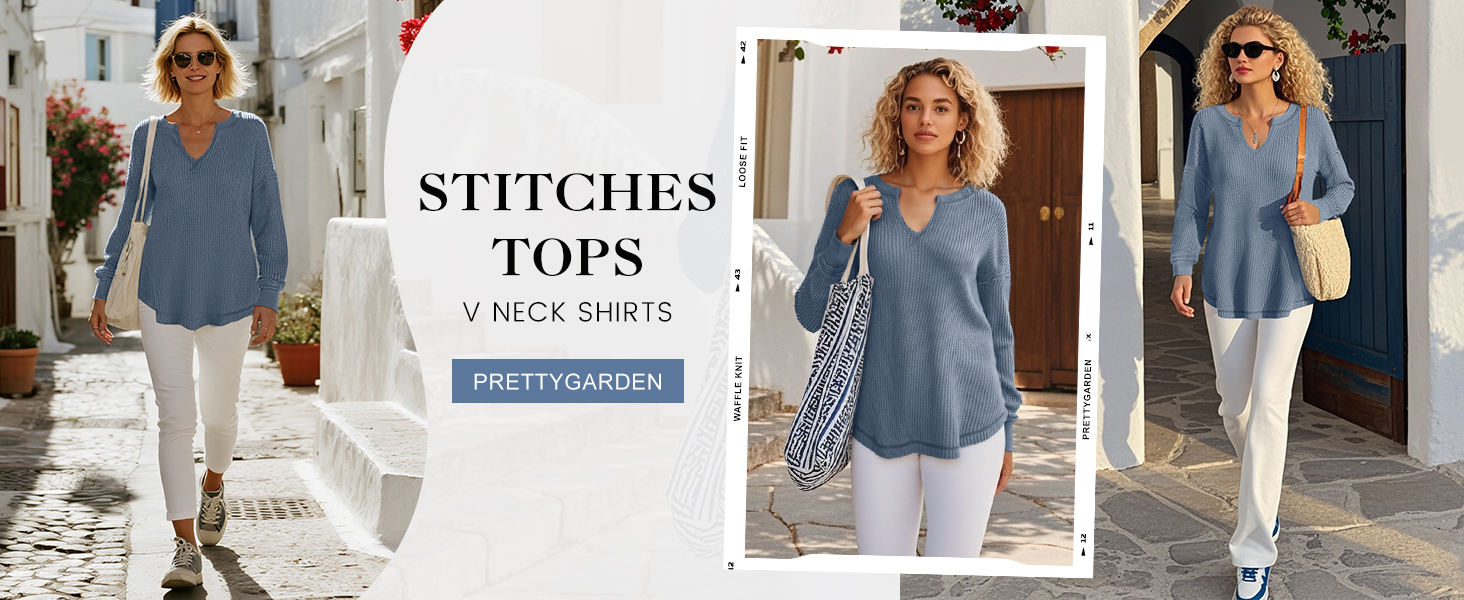 PRETTYGARDEN Solid Color Waffle Knit Long Sleeve Shirts for Women